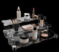 Custom plexiglass 3-tier makeup skincare display stand risers DMD-3482 Custom plexiglass 3-tier makeup skincare display stand risers