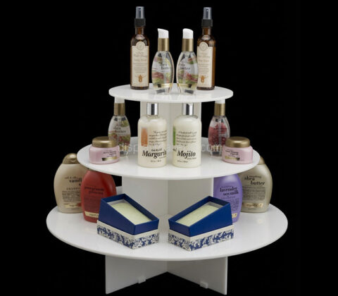 Custom acrylic 3 tiers essential oil bodycare round display riser stand