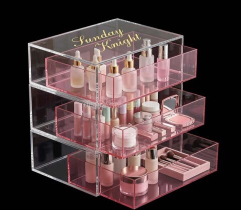 Custom acrylic skincare beauty drawers storage organizer box featuring a clear and translucent pink design. Perfect for storing cosmetics, skincare bottles, and beauty accessories with multiple drawers for easy organization. Color, size, shape, and design can be customized. Wholesale only for bulk orders.